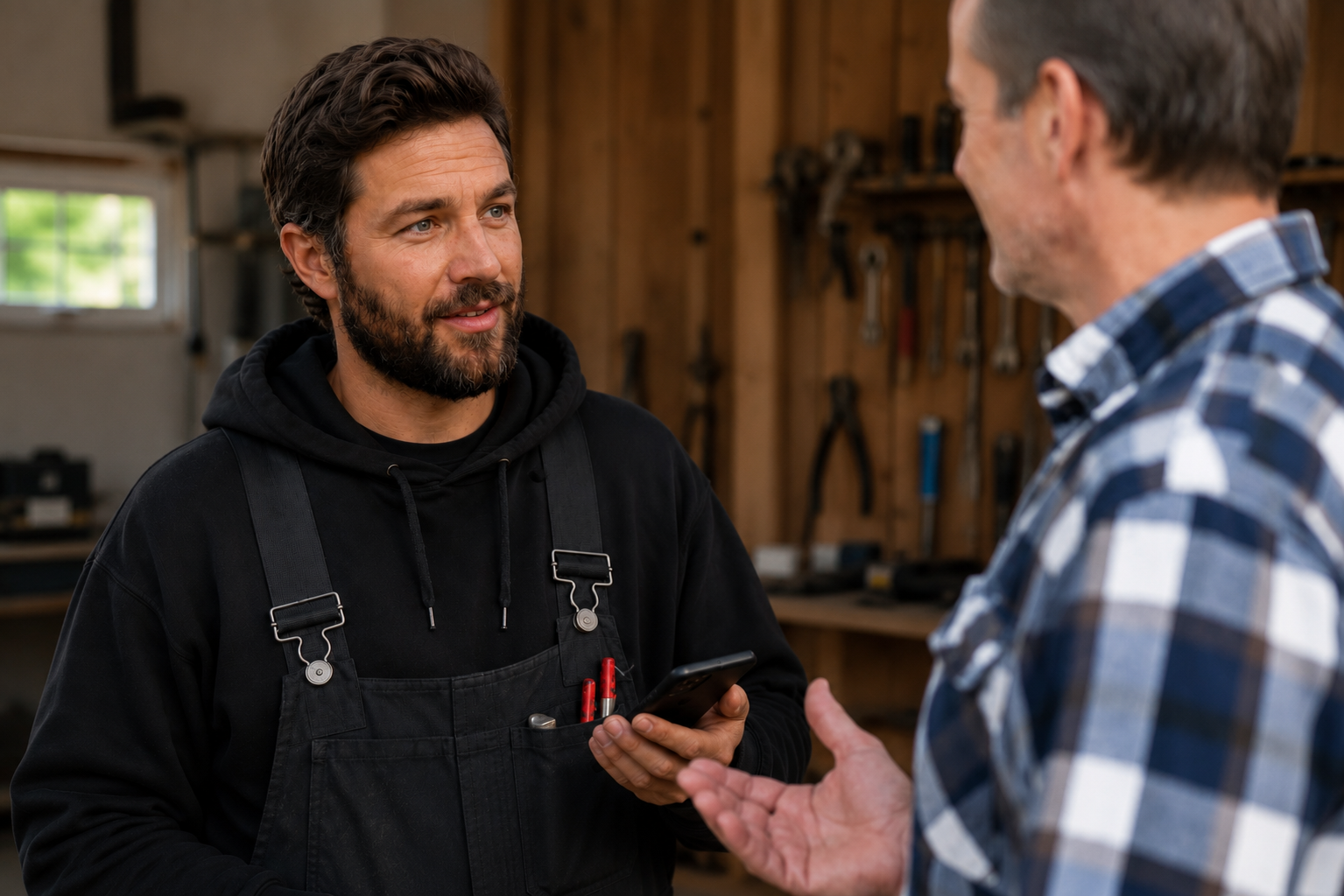 A craftsman speaking with a homeowner, phone in hand